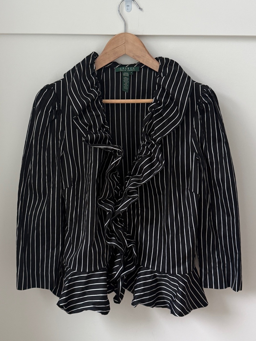 Lauren Ralph Lauren Black & White Striped Ruffle Front Peplum Blazer Jacket